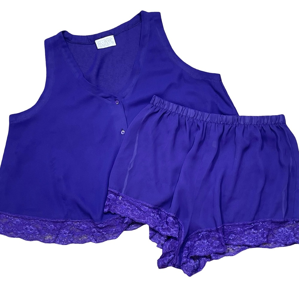 Vintage Val Mode Lingerie‎ Pajama Shorts Set Women L Purple Lace Trim Coquette